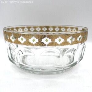 Vintage Arcoroc France Gold & Olive Green Serving Bowl 8" Glass Salad Fruit Bowl